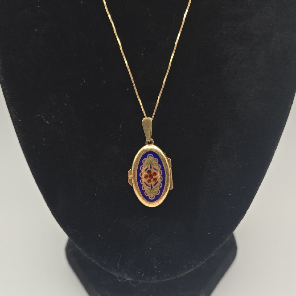 Antique Victorian 14k Gold Blue And Red Enamel Floral Locket And Box Chain